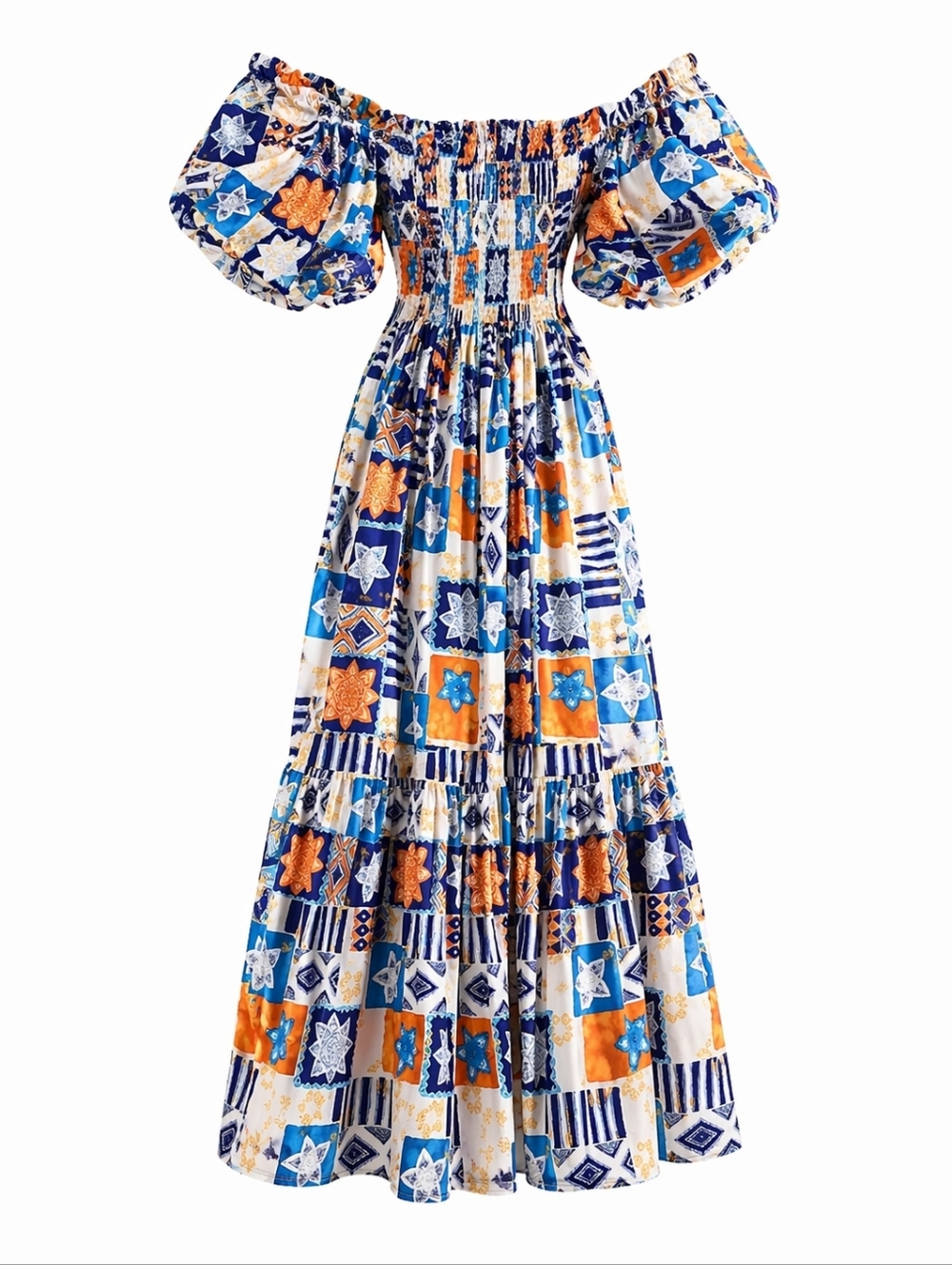 Boho Tile-Print Off-Shoulder Maxi Dress in Blue & Orange